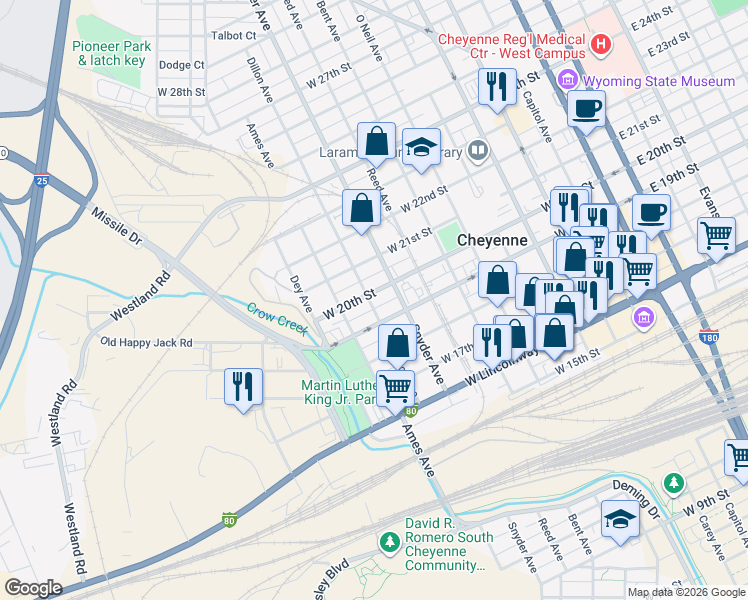 map of restaurants, bars, coffee shops, grocery stores, and more near 1915 Dillon Avenue in Cheyenne