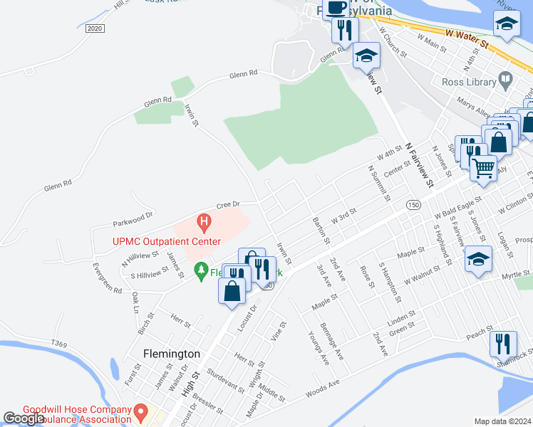 map of restaurants, bars, coffee shops, grocery stores, and more near 220 Irwin Street in Lock Haven