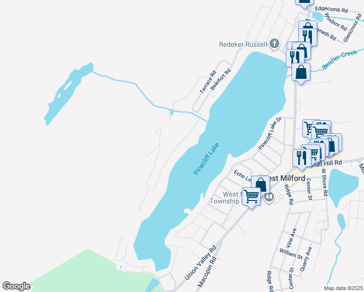 map of restaurants, bars, coffee shops, grocery stores, and more near 177 Bearfort Road in West Milford