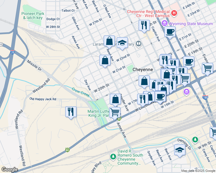 map of restaurants, bars, coffee shops, grocery stores, and more near 1919 Dillon Avenue in Cheyenne