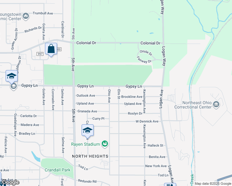 map of restaurants, bars, coffee shops, grocery stores, and more near 2540 Elm Street in Youngstown