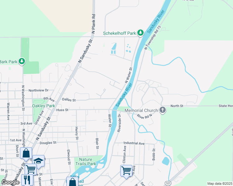 map of restaurants, bars, coffee shops, grocery stores, and more near 819 North Water Street in Tiffin