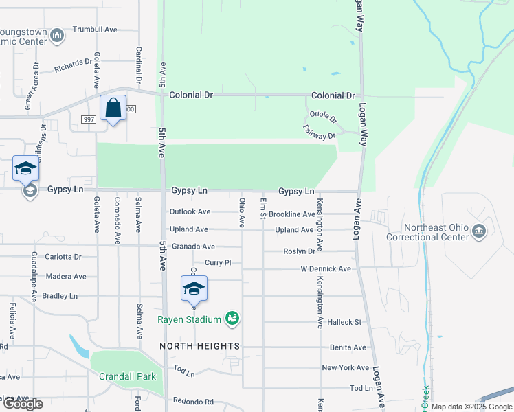 map of restaurants, bars, coffee shops, grocery stores, and more near 2540 Elm Street in Youngstown