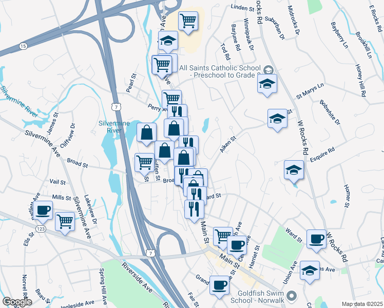 map of restaurants, bars, coffee shops, grocery stores, and more near 272 Main Avenue in Norwalk