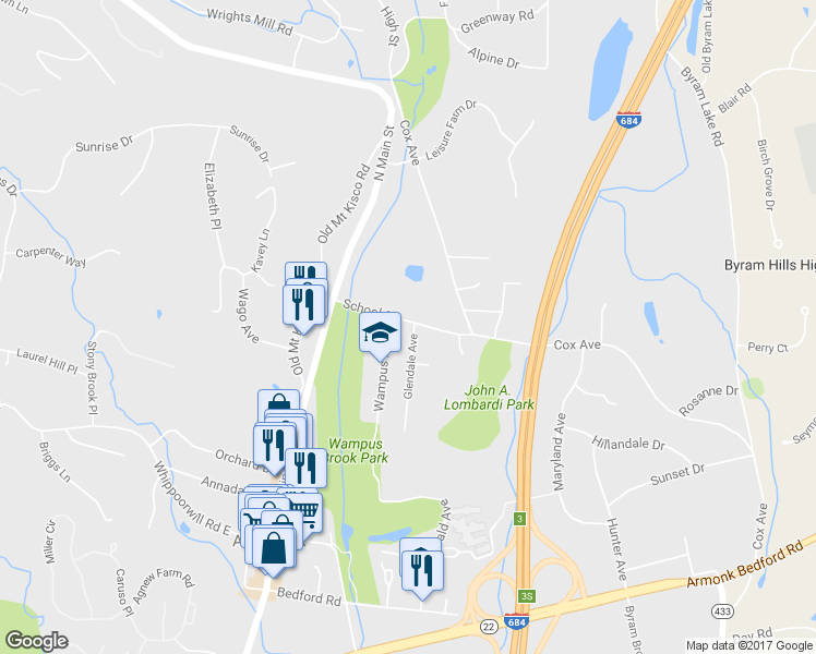 map of restaurants, bars, coffee shops, grocery stores, and more near 1 Glendale Avenue in Armonk