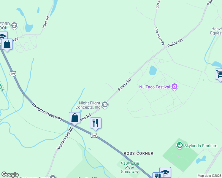 map of restaurants, bars, coffee shops, grocery stores, and more near 22 Plains Road in Frankford