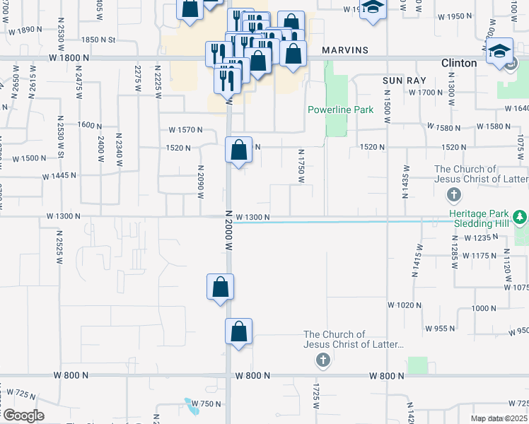 map of restaurants, bars, coffee shops, grocery stores, and more near 1317 North 1850 West in Clinton