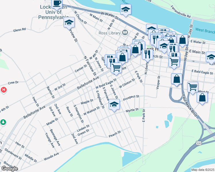 map of restaurants, bars, coffee shops, grocery stores, and more near 102 South Fairview Street in Lock Haven