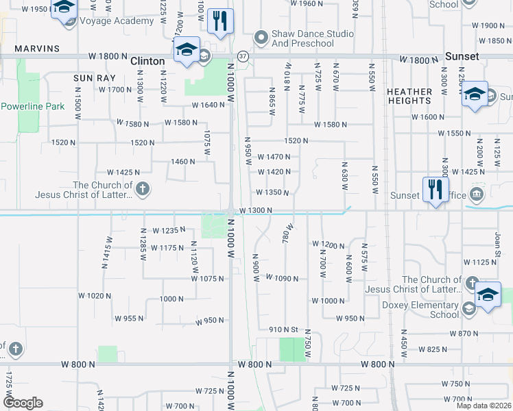 map of restaurants, bars, coffee shops, grocery stores, and more near 1332 North 950 West in Clinton