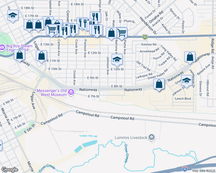 map of restaurants, bars, coffee shops, grocery stores, and more near 801 Johnson Avenue in Cheyenne