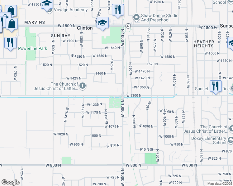 map of restaurants, bars, coffee shops, grocery stores, and more near 1046 West 1300 North in Clinton
