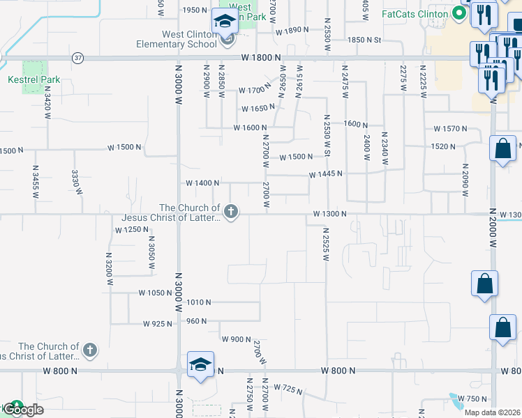 map of restaurants, bars, coffee shops, grocery stores, and more near 2742 West 1300 North in Clinton