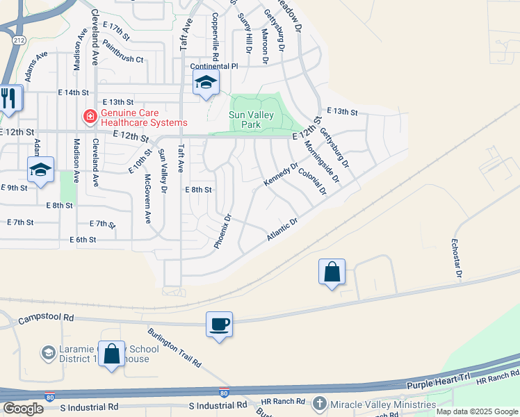 map of restaurants, bars, coffee shops, grocery stores, and more near 140 Miami Circle in Cheyenne