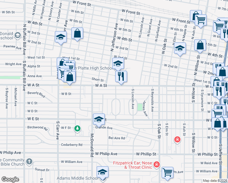 map of restaurants, bars, coffee shops, grocery stores, and more near 120 Circle Drive in North Platte