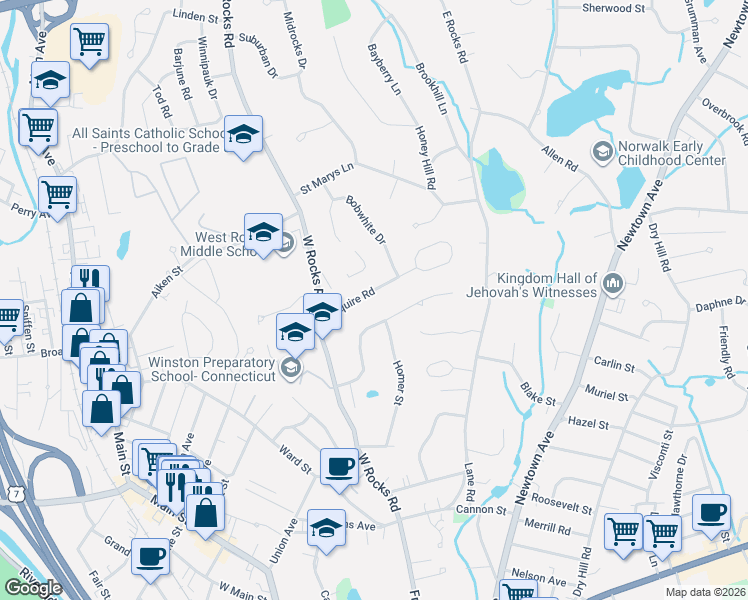 map of restaurants, bars, coffee shops, grocery stores, and more near 10 Esquire Rd in Norwalk