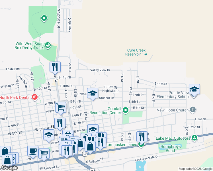 map of restaurants, bars, coffee shops, grocery stores, and more near 611 East 10th Street in Ogallala
