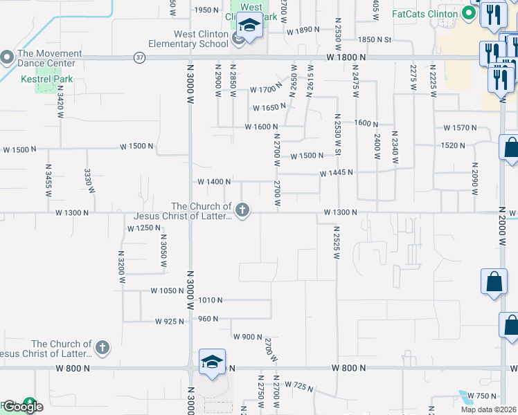 map of restaurants, bars, coffee shops, grocery stores, and more near 2778 West 1300 North in Clinton