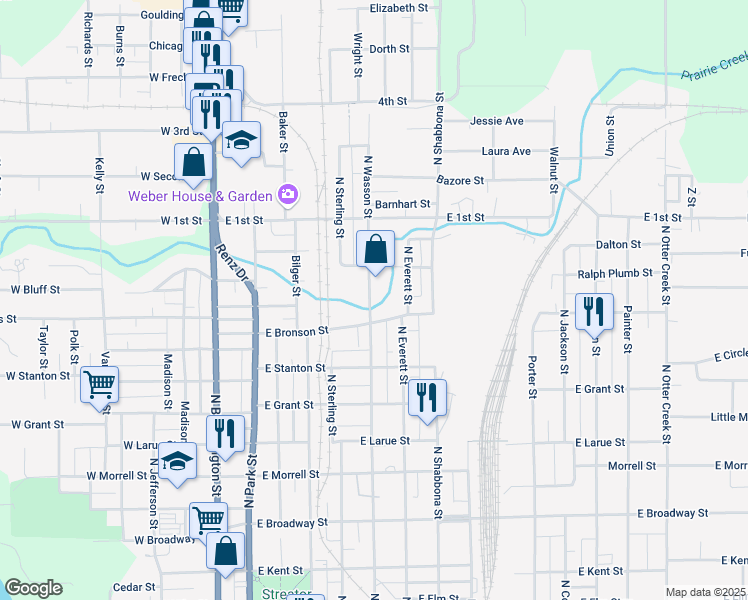 map of restaurants, bars, coffee shops, grocery stores, and more near 111 North Wasson Street in Streator