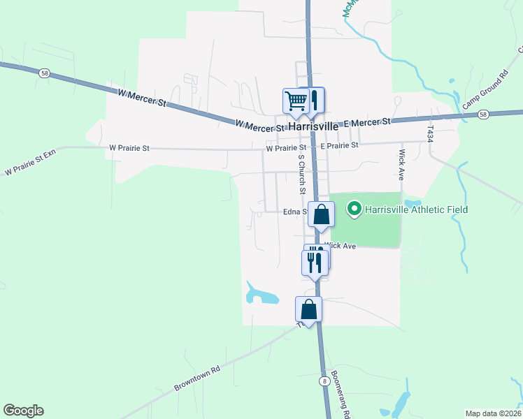 map of restaurants, bars, coffee shops, grocery stores, and more near 326 South Constitution Avenue in Harrisville