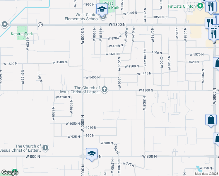 map of restaurants, bars, coffee shops, grocery stores, and more near 2796 W 1300 N in Clinton