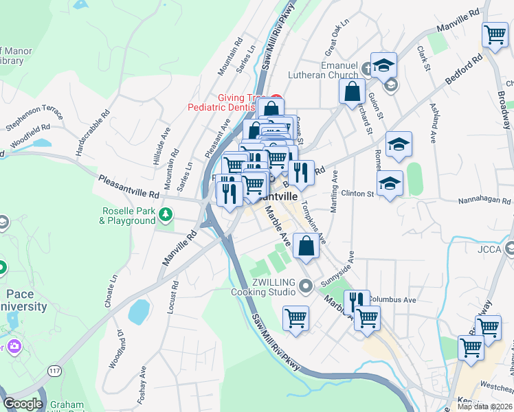 map of restaurants, bars, coffee shops, grocery stores, and more near in Pleasantville
