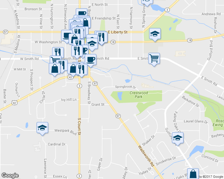 map of restaurants, bars, coffee shops, grocery stores, and more near 320 Springbrook Drive in Medina