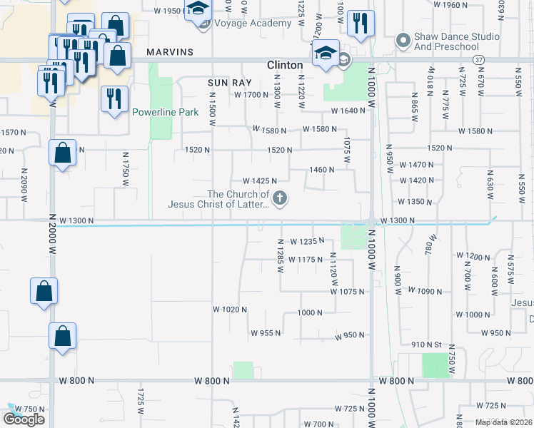 map of restaurants, bars, coffee shops, grocery stores, and more near 1332 W 1300 N in Clinton