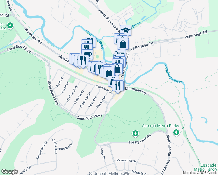 map of restaurants, bars, coffee shops, grocery stores, and more near 1233 Barcelona Drive in Akron
