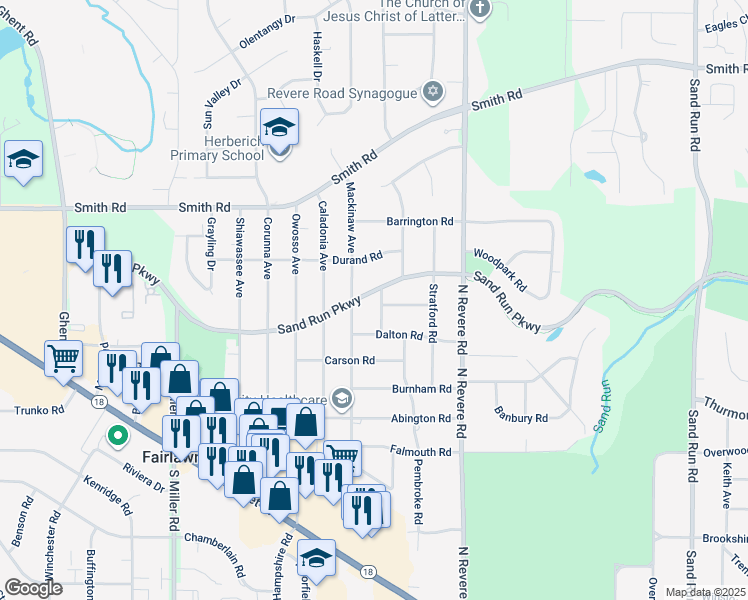 map of restaurants, bars, coffee shops, grocery stores, and more near 336 Marquette Road in Fairlawn