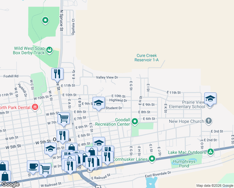 map of restaurants, bars, coffee shops, grocery stores, and more near 611 East 10th Street in Ogallala