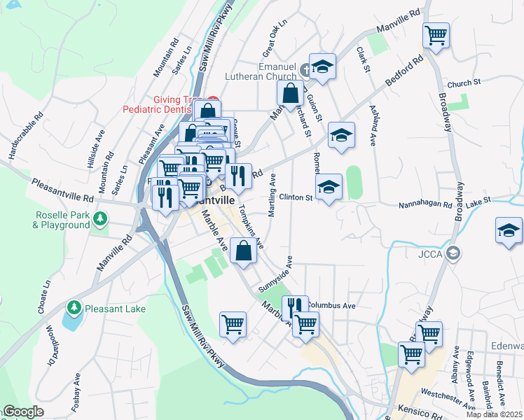 map of restaurants, bars, coffee shops, grocery stores, and more near 143 Tompkins Avenue in Pleasantville