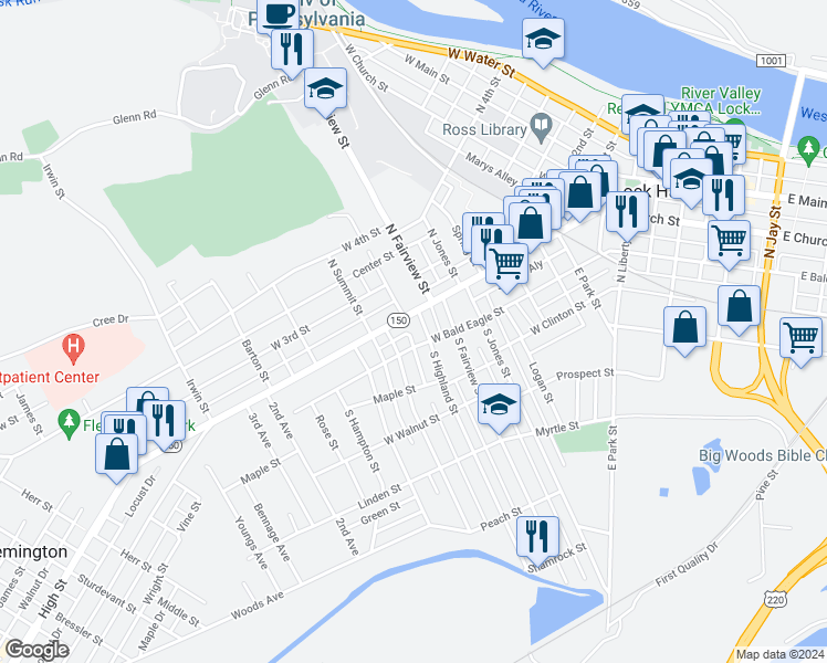 map of restaurants, bars, coffee shops, grocery stores, and more near 660 Bellefonte Avenue in Lock Haven