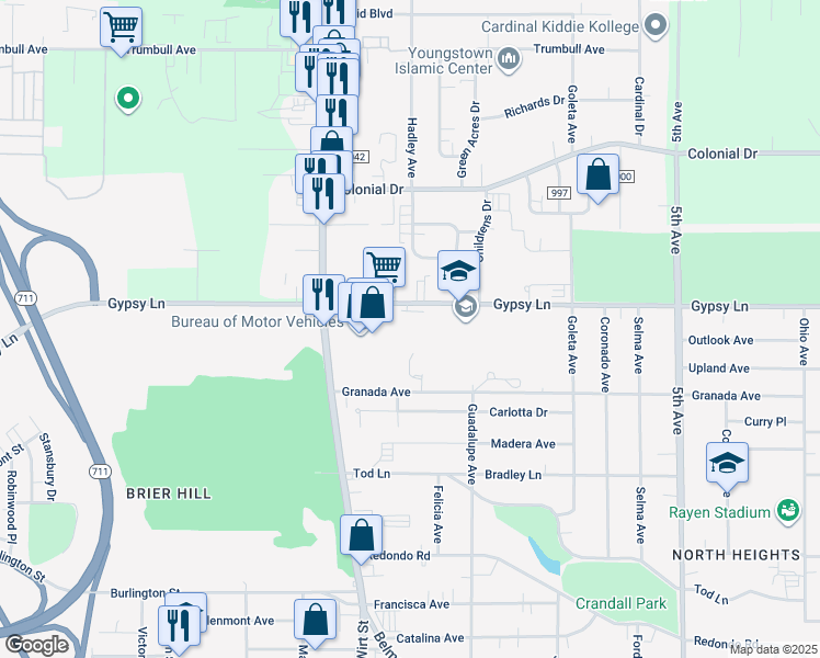 map of restaurants, bars, coffee shops, grocery stores, and more near 639 Gypsy Lane in Youngstown