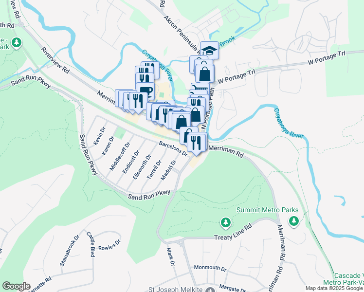map of restaurants, bars, coffee shops, grocery stores, and more near 1233 Barcelona Drive in Akron