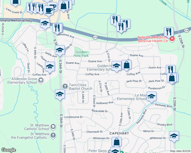 map of restaurants, bars, coffee shops, grocery stores, and more near 3209 Coffey Avenue in Bellevue
