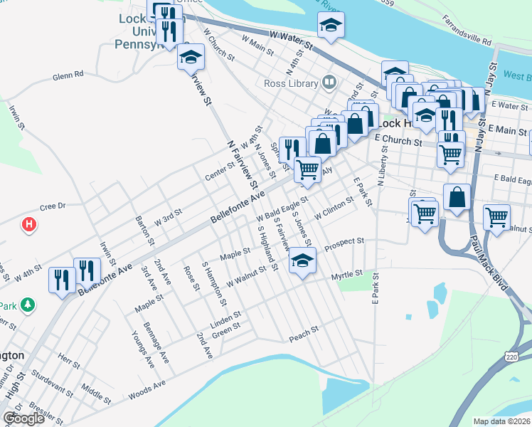 map of restaurants, bars, coffee shops, grocery stores, and more near 517 West Bald Eagle Street in Lock Haven
