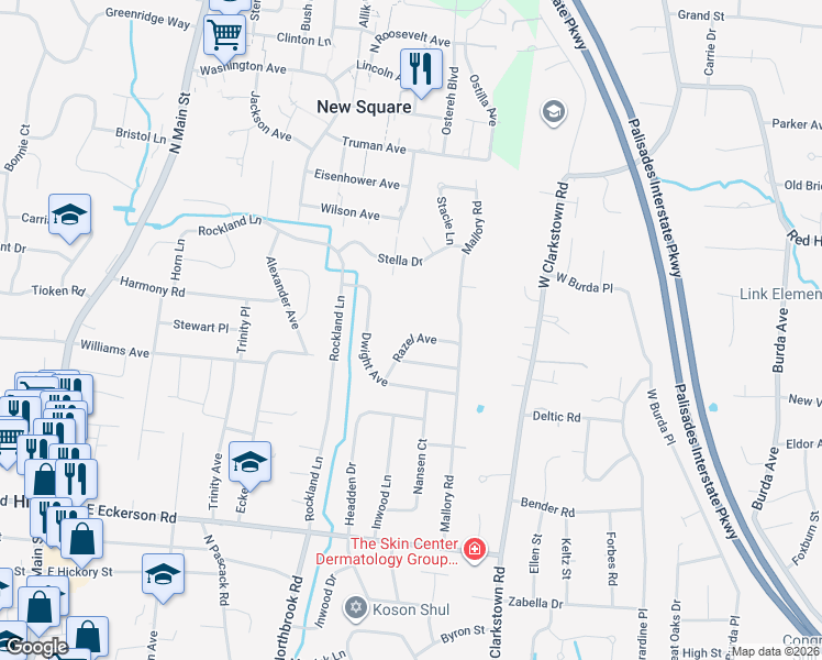 map of restaurants, bars, coffee shops, grocery stores, and more near 11 Razel Avenue in Spring Valley