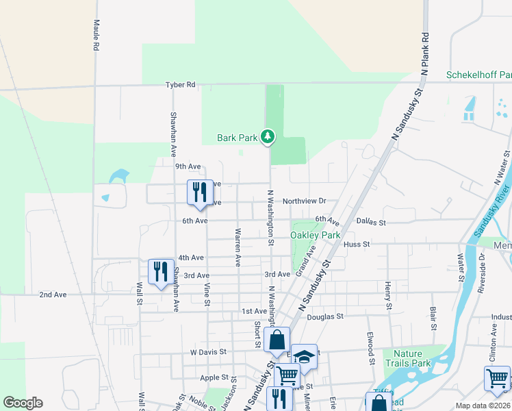 map of restaurants, bars, coffee shops, grocery stores, and more near 22 Edison Avenue in Tiffin
