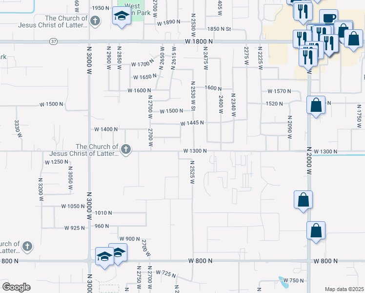 map of restaurants, bars, coffee shops, grocery stores, and more near 1322 North 2585 West in Clinton