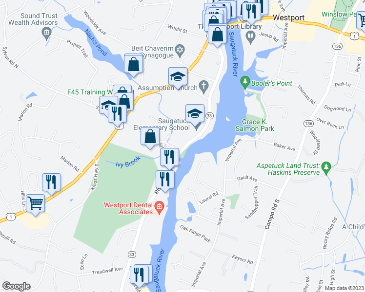map of restaurants, bars, coffee shops, grocery stores, and more near 220 Riverside Avenue in Westport
