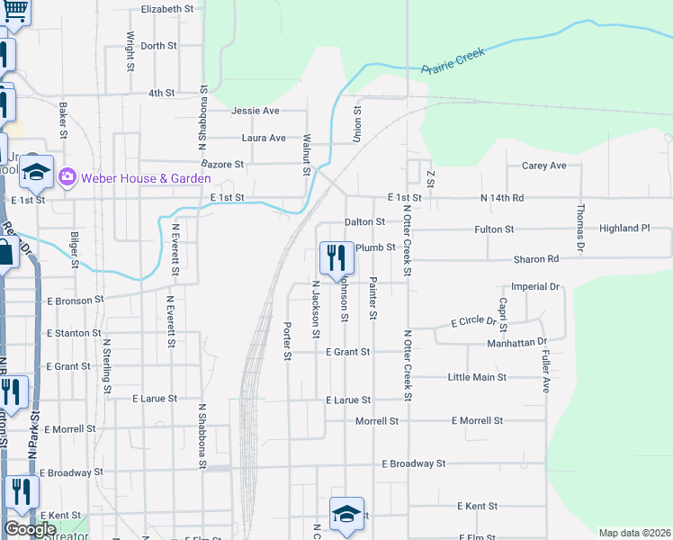 map of restaurants, bars, coffee shops, grocery stores, and more near 1106 Johnson Street in Streator