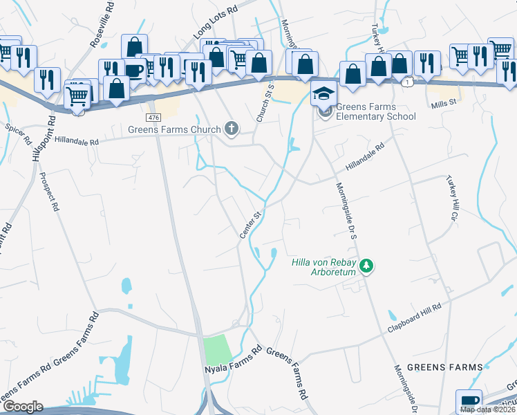 map of restaurants, bars, coffee shops, grocery stores, and more near 26 Center Street in Westport