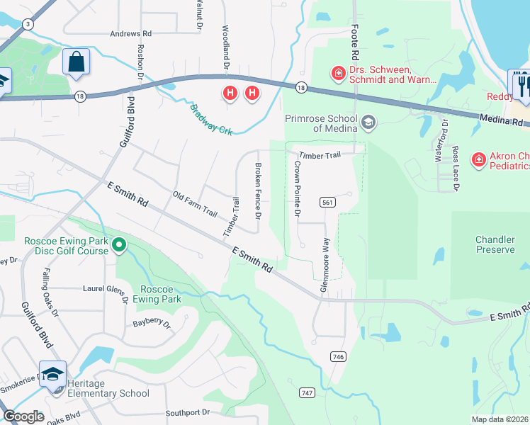 map of restaurants, bars, coffee shops, grocery stores, and more near 317 Broken Fence Drive in Medina