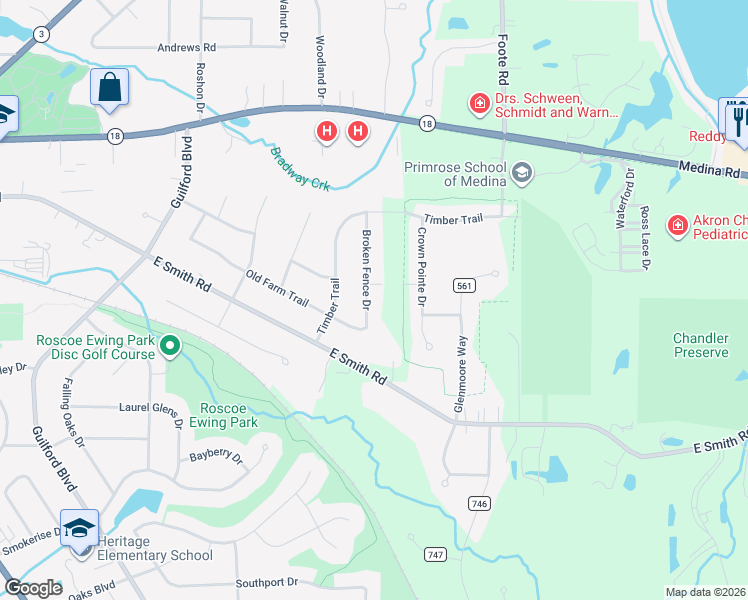 map of restaurants, bars, coffee shops, grocery stores, and more near 317 Broken Fence Drive in Medina