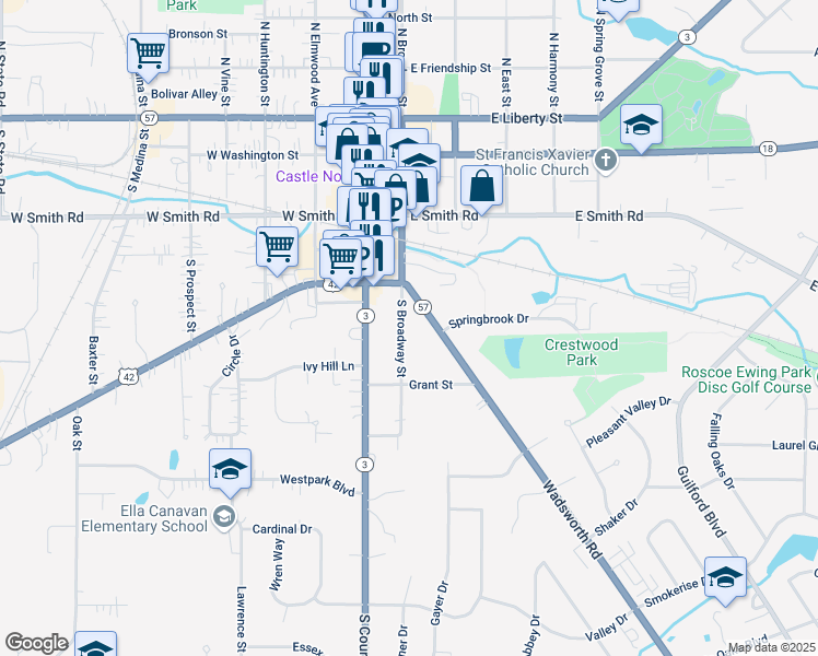 map of restaurants, bars, coffee shops, grocery stores, and more near 544 South Broadway Street in Medina