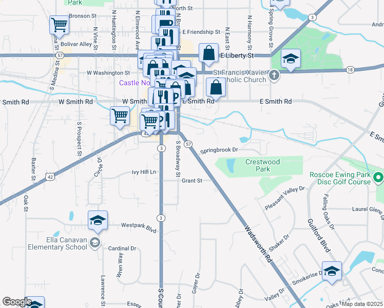 map of restaurants, bars, coffee shops, grocery stores, and more near 559 Wadsworth Road in Medina