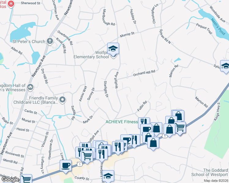 map of restaurants, bars, coffee shops, grocery stores, and more near 150 Wolfpit Avenue in Norwalk