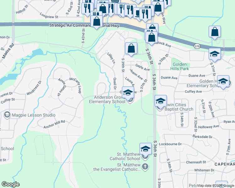 map of restaurants, bars, coffee shops, grocery stores, and more near 11801 Quail Circle in Bellevue