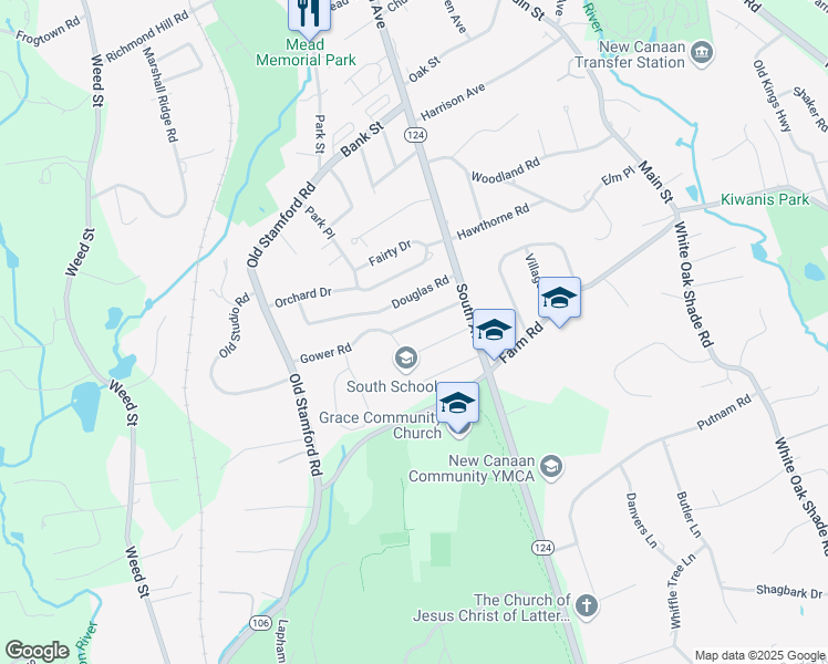 map of restaurants, bars, coffee shops, grocery stores, and more near 52 Gower Road in New Canaan