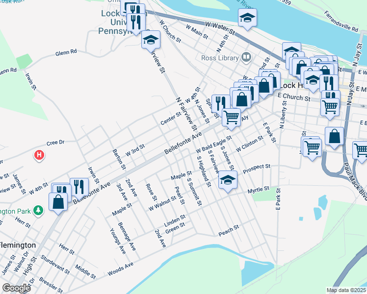 map of restaurants, bars, coffee shops, grocery stores, and more near 660 Bellefonte Avenue in Lock Haven